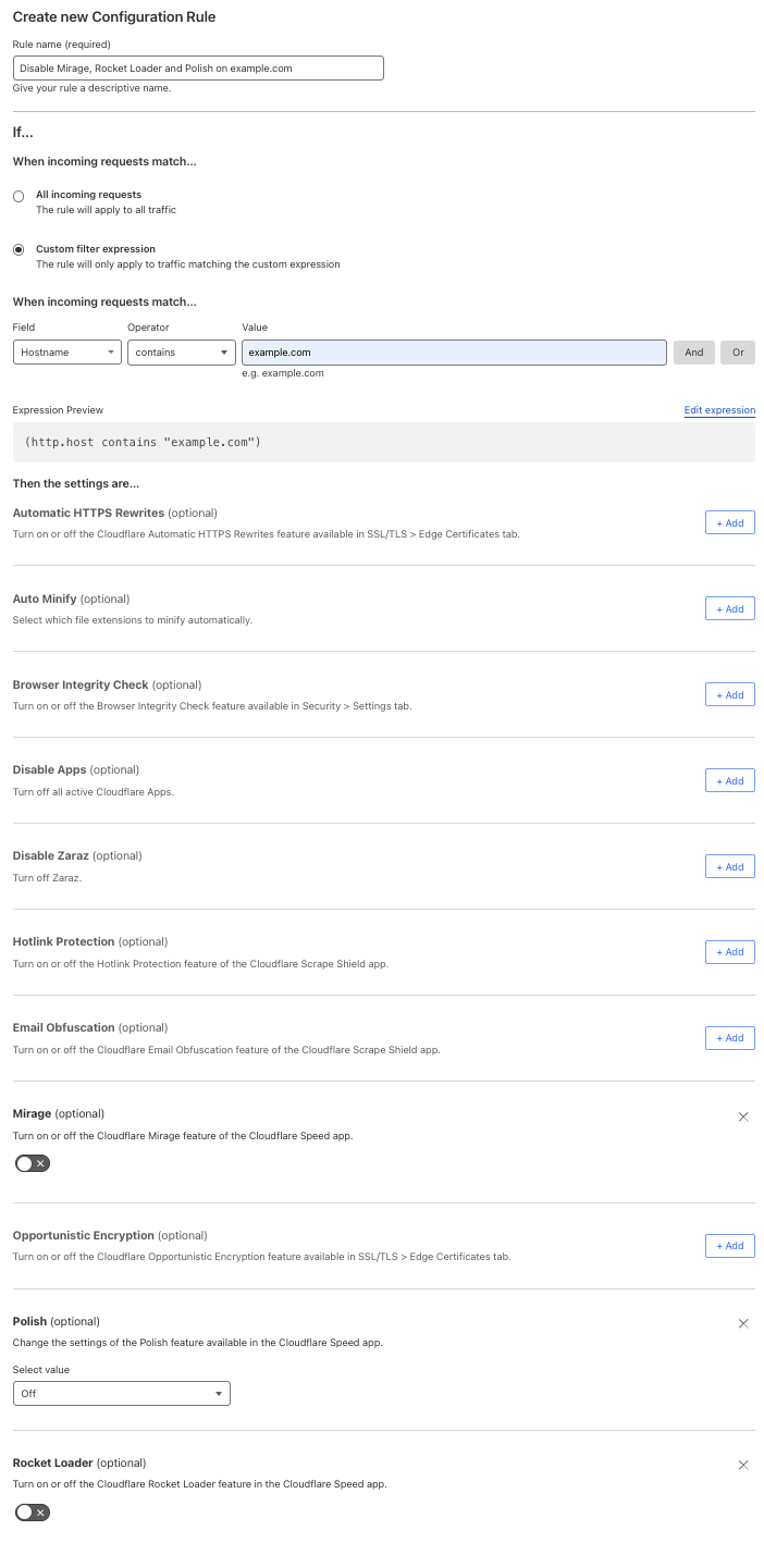 Configuration rule partially matching the ‘Disable Performance’ setting of the example Page Rule