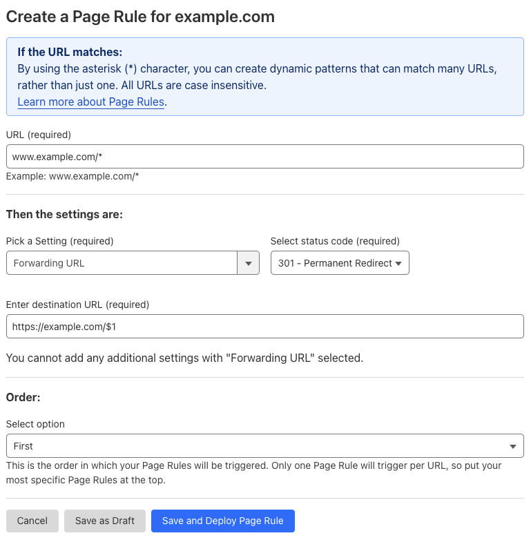 Example Page Rule #1 with ‘Forwarding URL’ setting