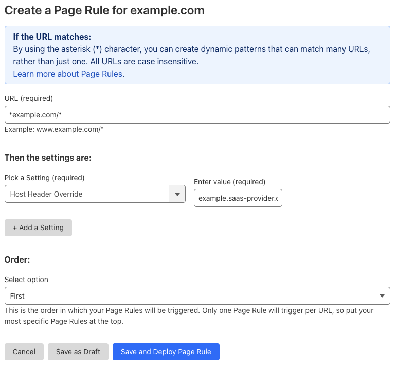Example Page Rule with ‘Host Header Override’ setting
